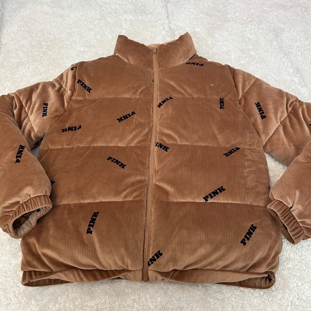 VS Pink Womens Rib Velour Crop Puffer Jacket Color Caramel Sz M Preppy Casual